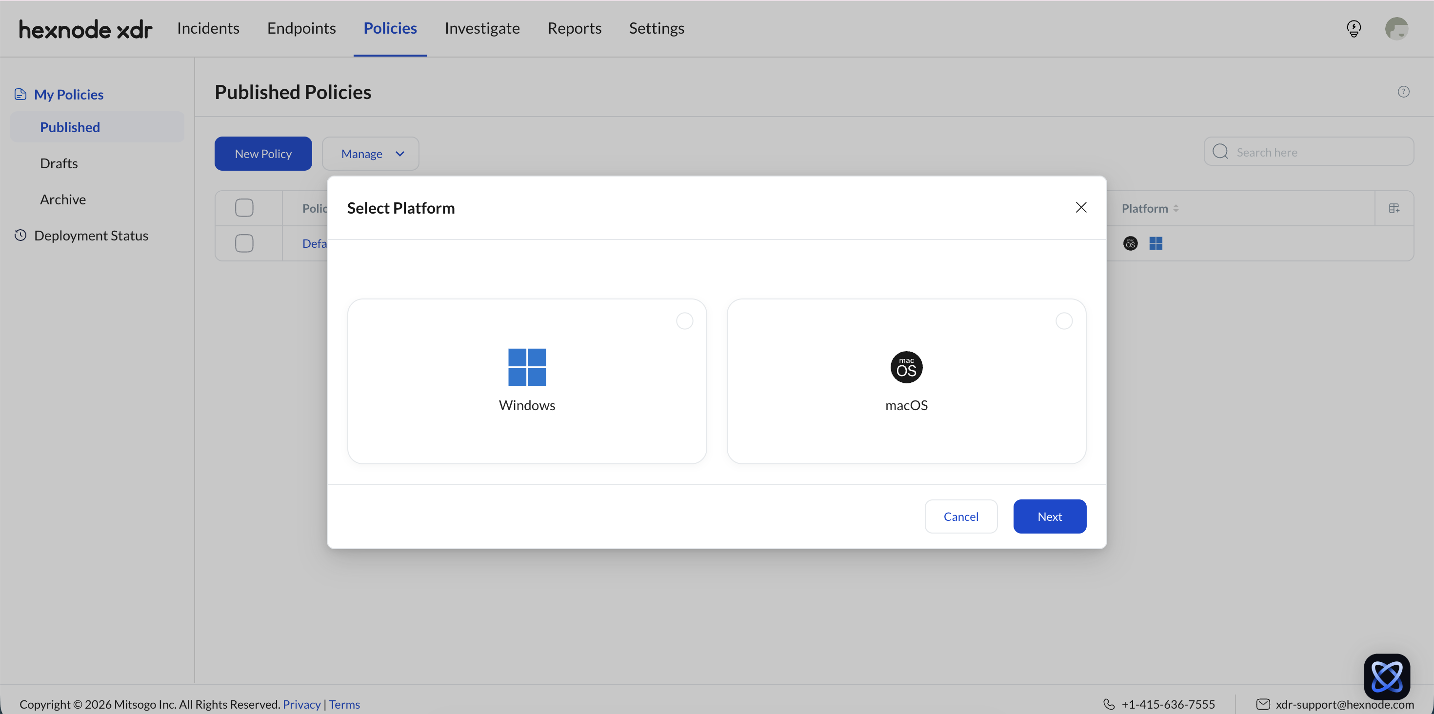 Screenshot of the Hexnode XDR console showing the platform selection step before configuring the policy.