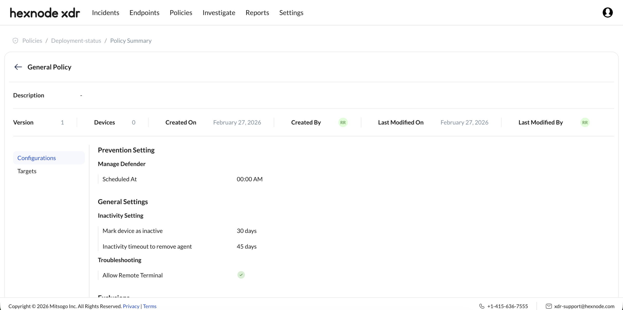 Screenshot showing the Policy configured under Deployment Status in Hexnode XDR console.