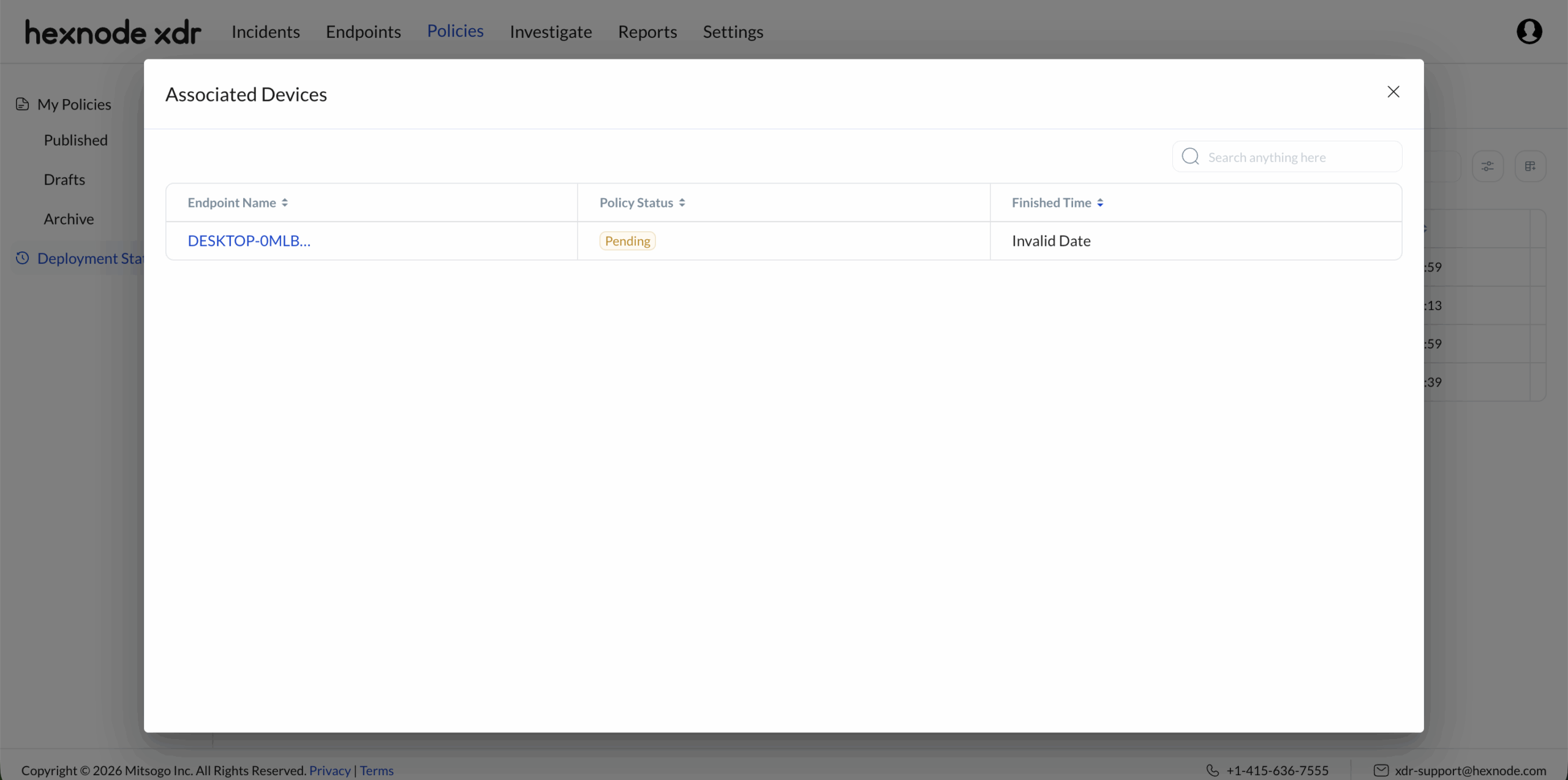 Screenshot of the targeted endpoints in Deployment Status subtab under Policies tab in Hexnode XDR console.
