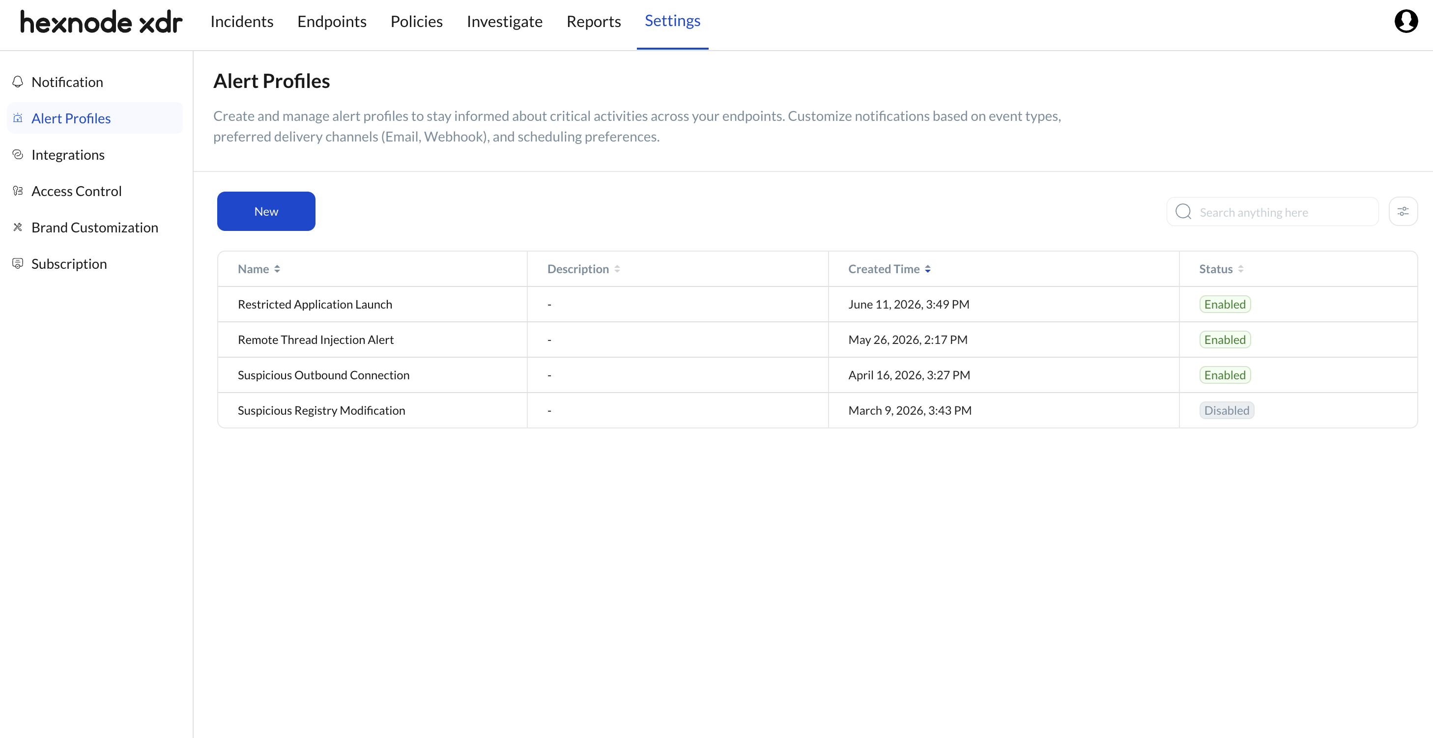 Configuring Alert Profiles to Manage xdr alert incidents in Hexnode XDR Screenshot of the Hexnode XDR portal showing the Alerts Profile section accessed from the Settings tab. The interface highlights the option to click New, which allows administrators to create a customized alert profile designed to detect, track, and manage xdr alert incidents.