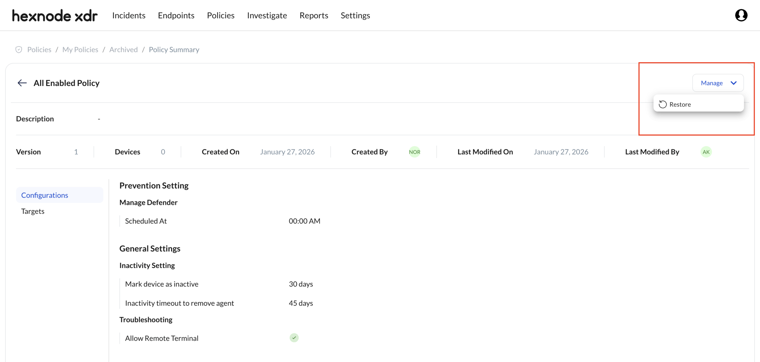 Screenshot of the Hexnode XDR console showing the “Restore” option in Archive subtab.