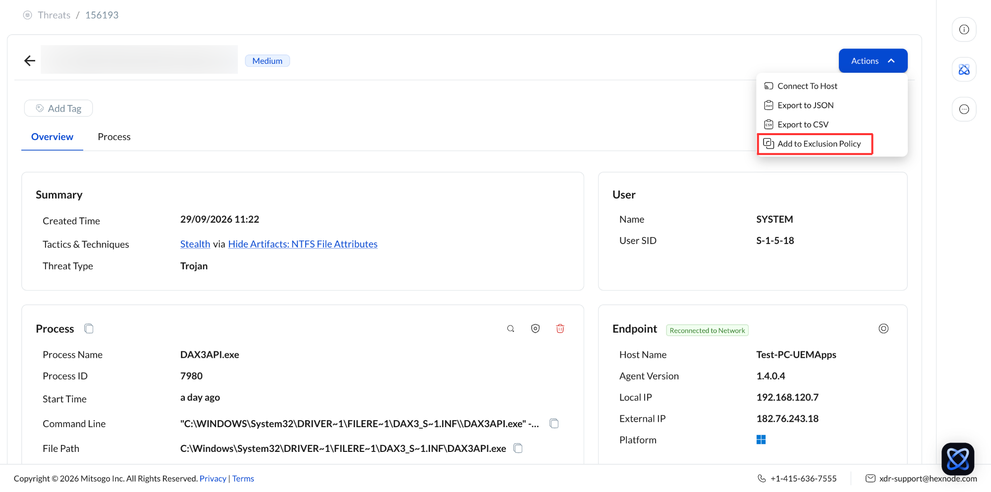 Screenshot of Hexnode XDR portal displaying the Add to Exclusion Policy action in a specific incident.