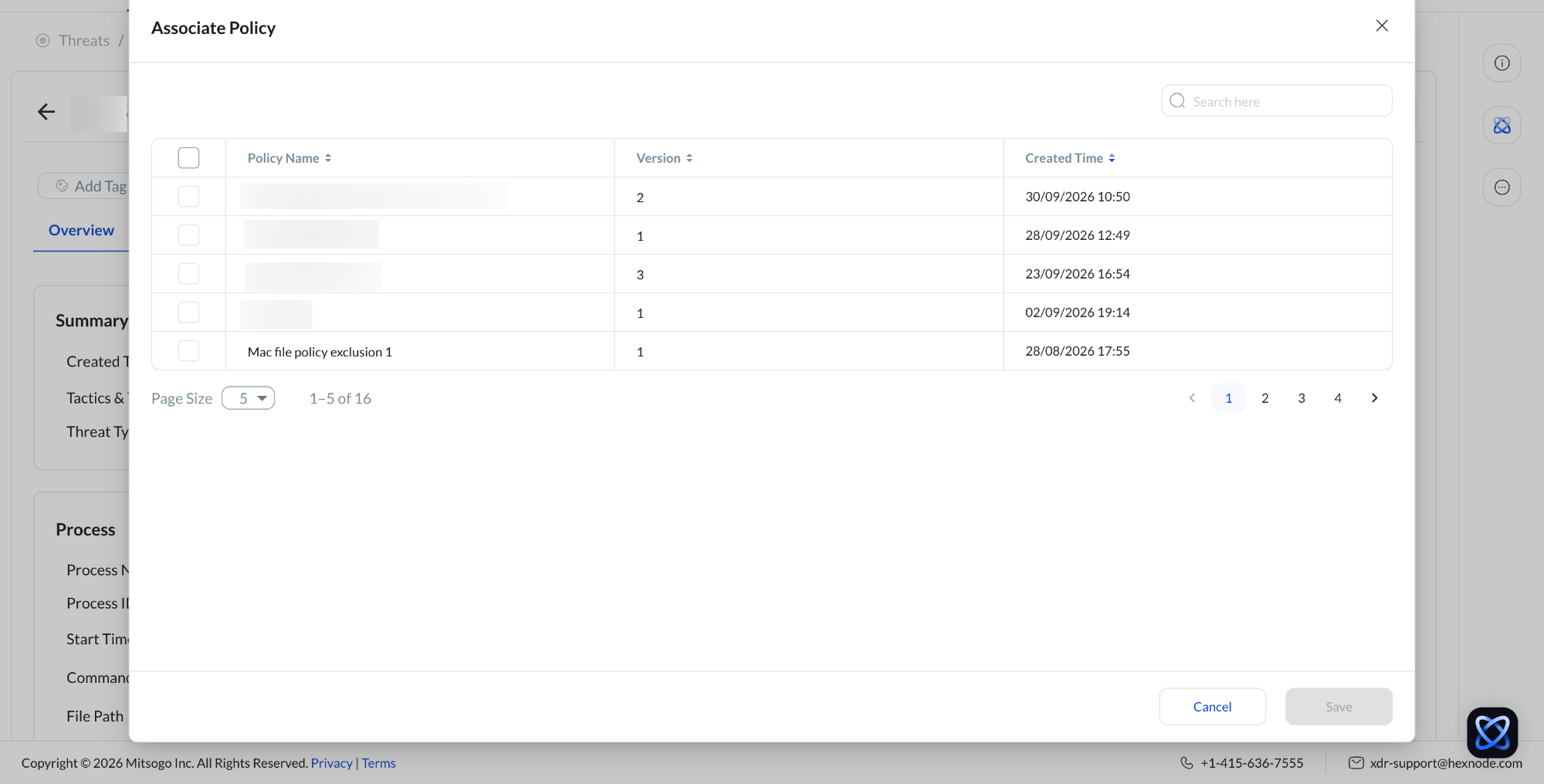 Screenshot of Hexnode XDR portal displaying the Exclusion policy association page.