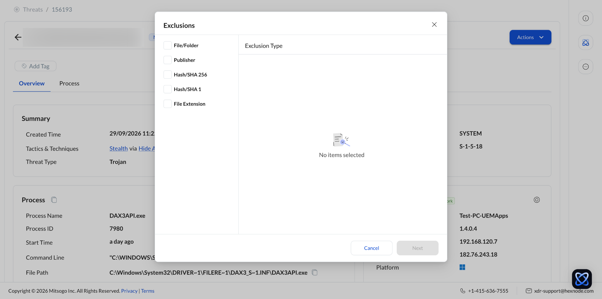Screenshot of Hexnode XDR portal displaying the Exclusion types in a specific incident.