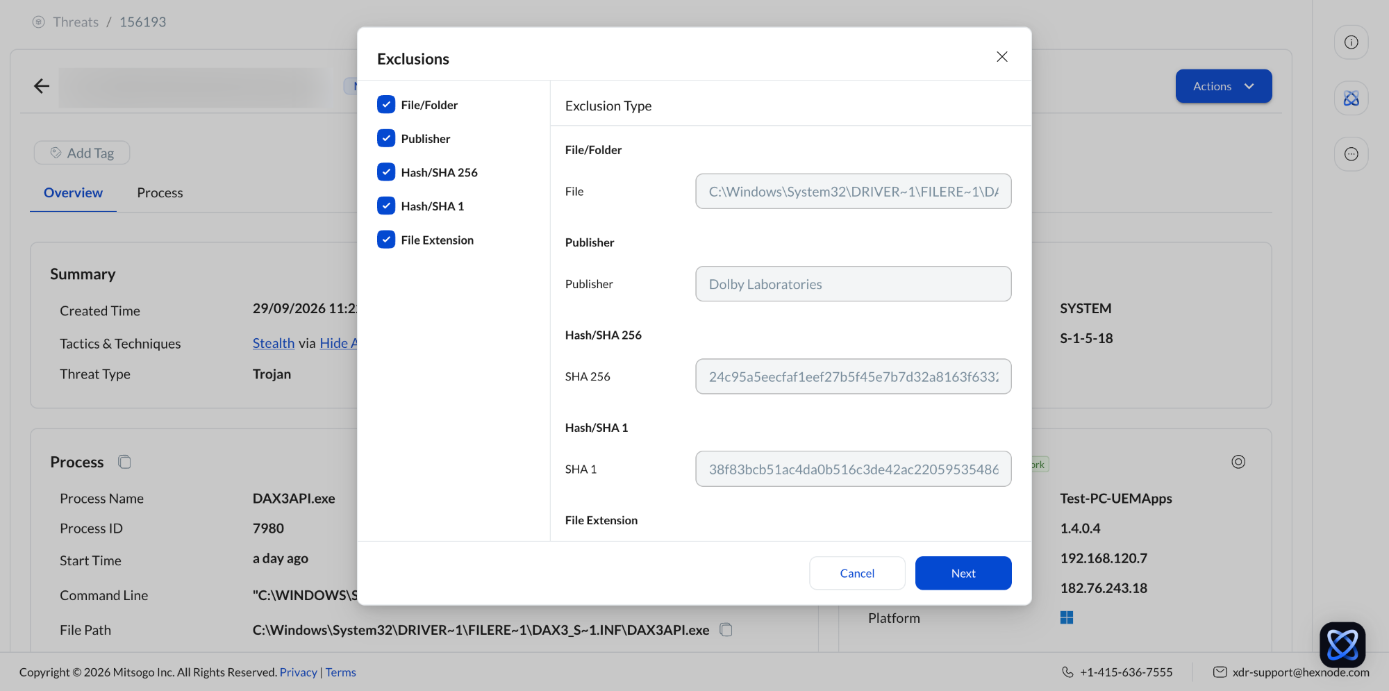Screenshot of Hexnode XDR portal displaying the Exclusion types selected in a specific incident.