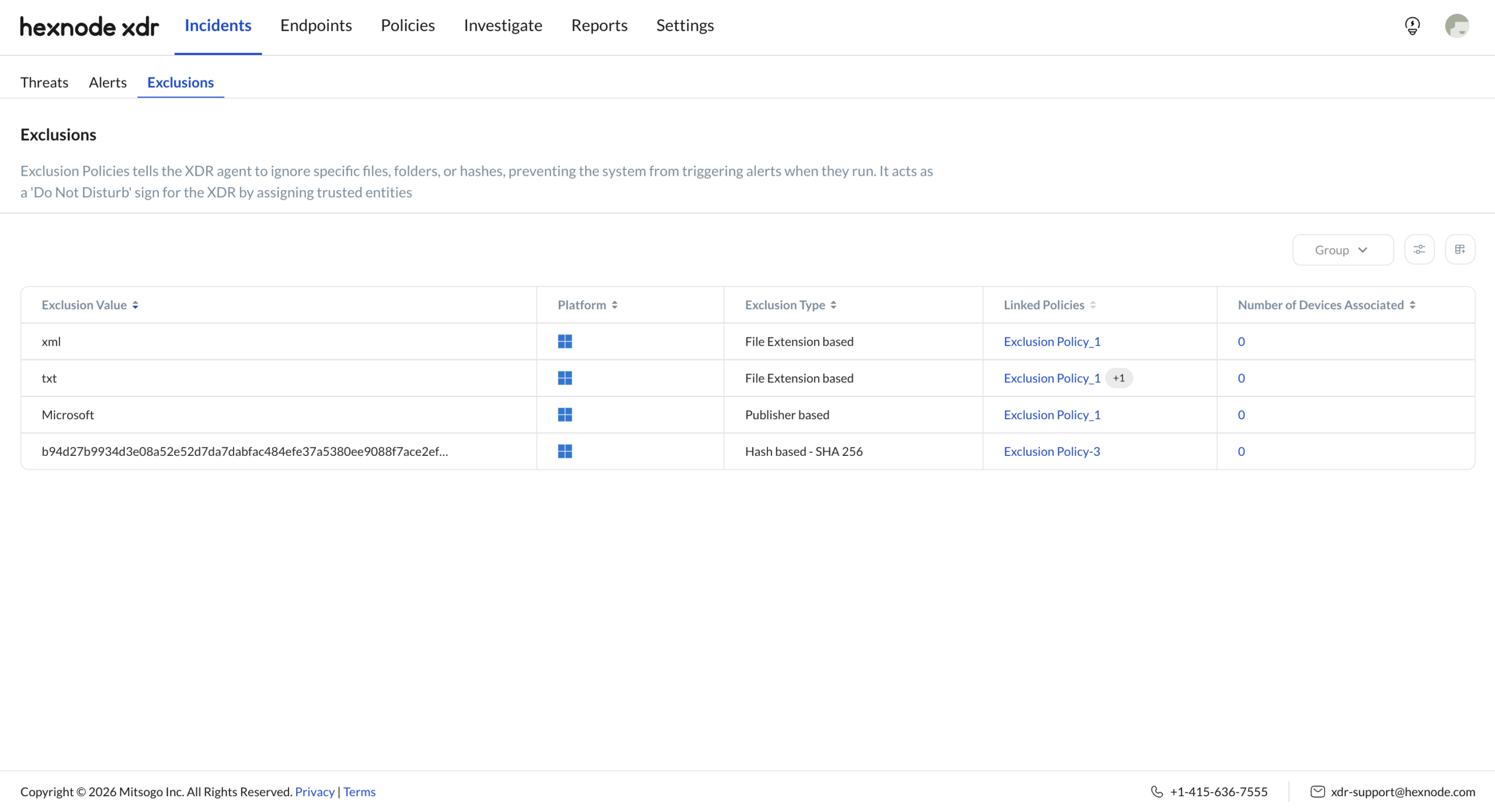 Screenshot of Hexnode XDR portal displaying the Exclusions sub-tab in Incidents.