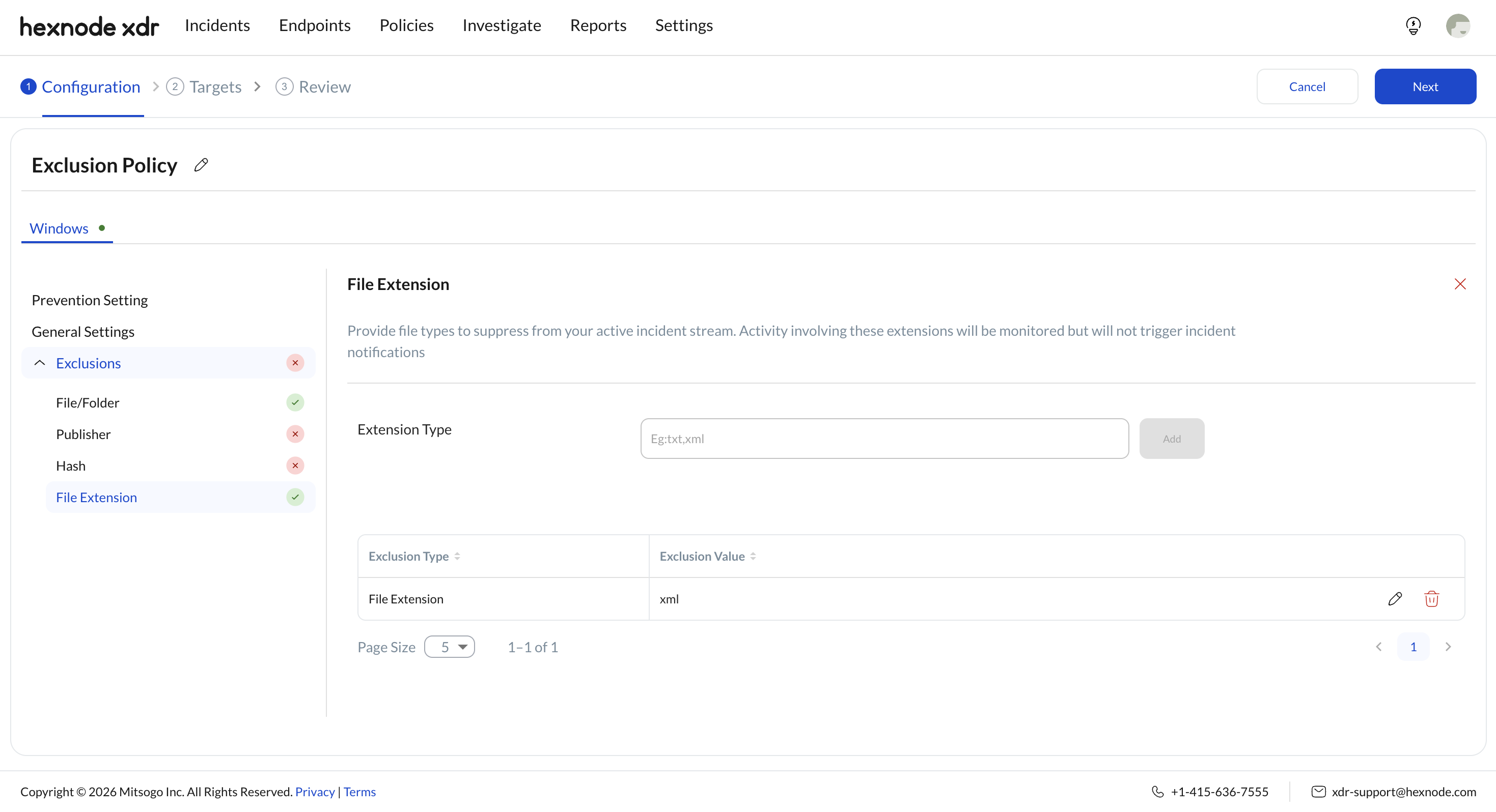 Screenshot of Hexnode XDR portal displaying the File extension exclusion type in Policies.