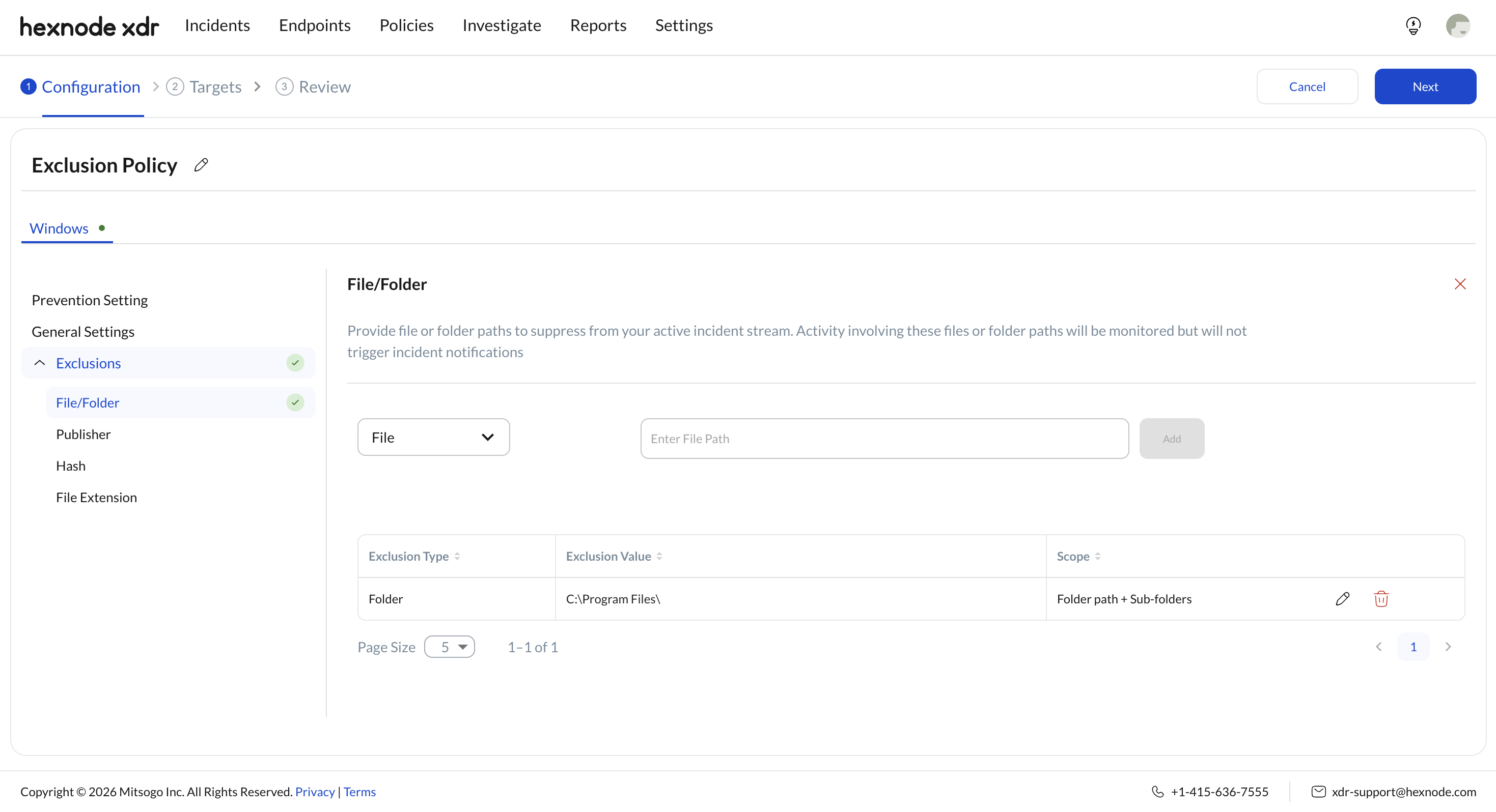 Screenshot of Hexnode XDR portal displaying the File/Folder exclusion type in Policies.