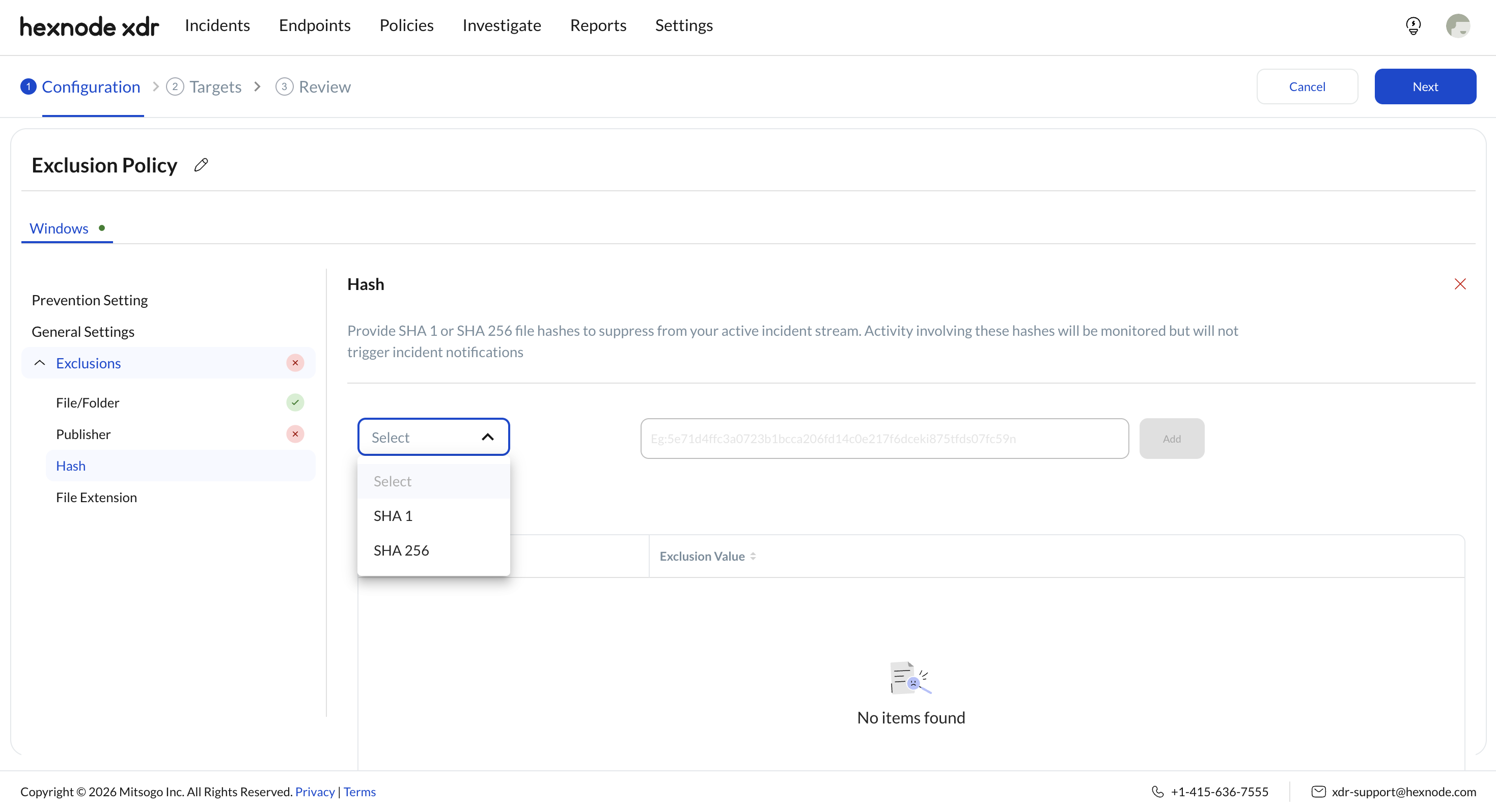 Screenshot of Hexnode XDR portal displaying the Hash exclusion type in Policies.