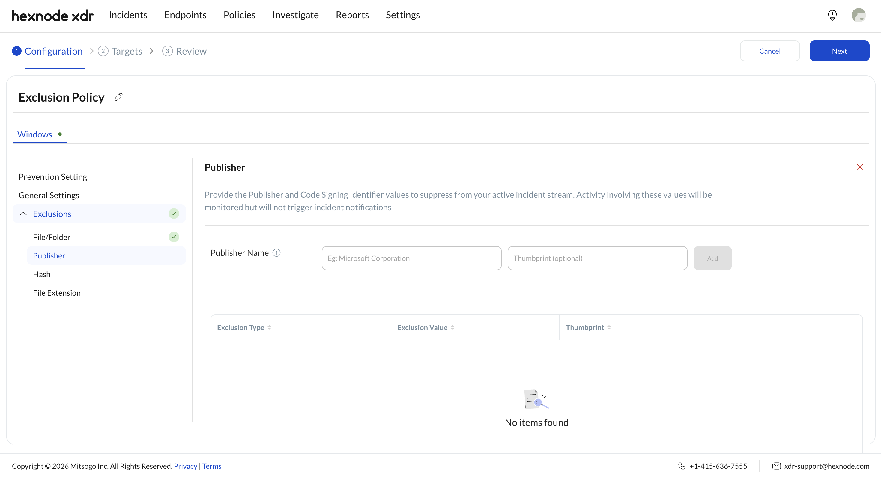 Screenshot of Hexnode XDR portal displaying the Publisher exclusion type in Policies.