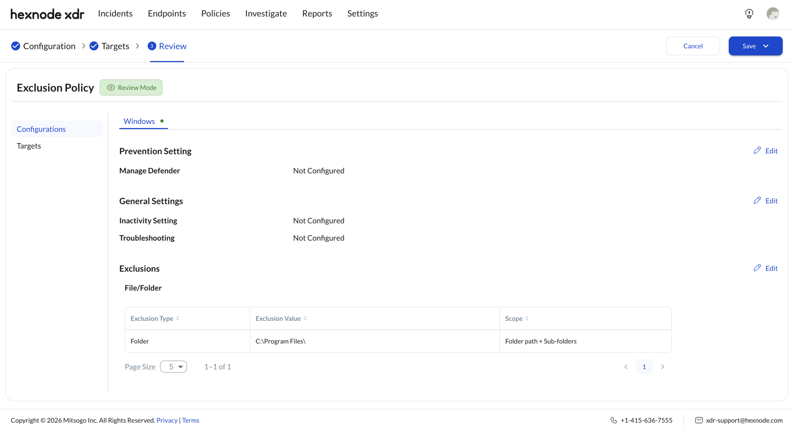 Screenshot of Hexnode XDR portal displaying the Review page in Policies.
