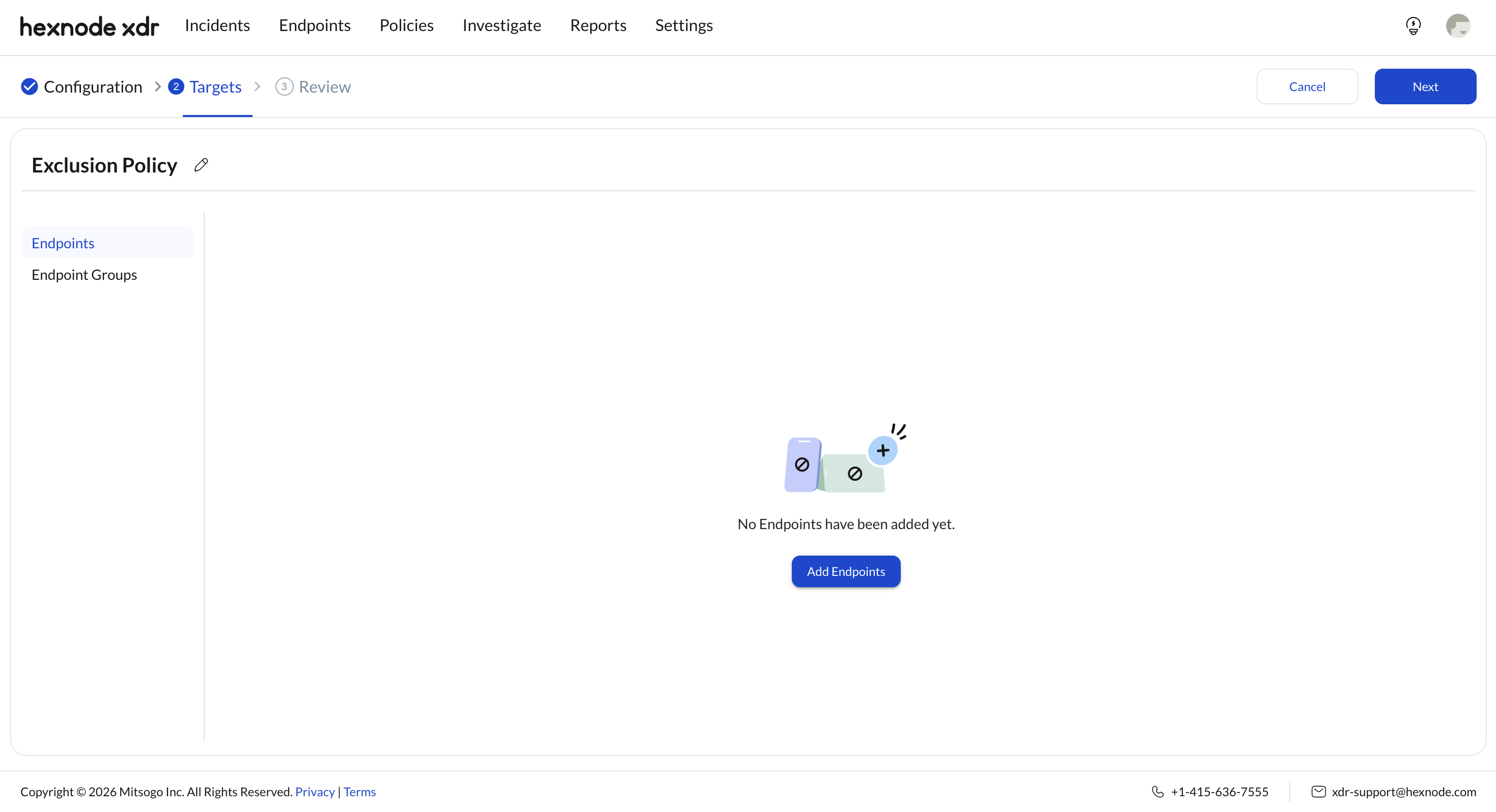 Screenshot of Hexnode XDR portal displaying the Targets page in Policies.