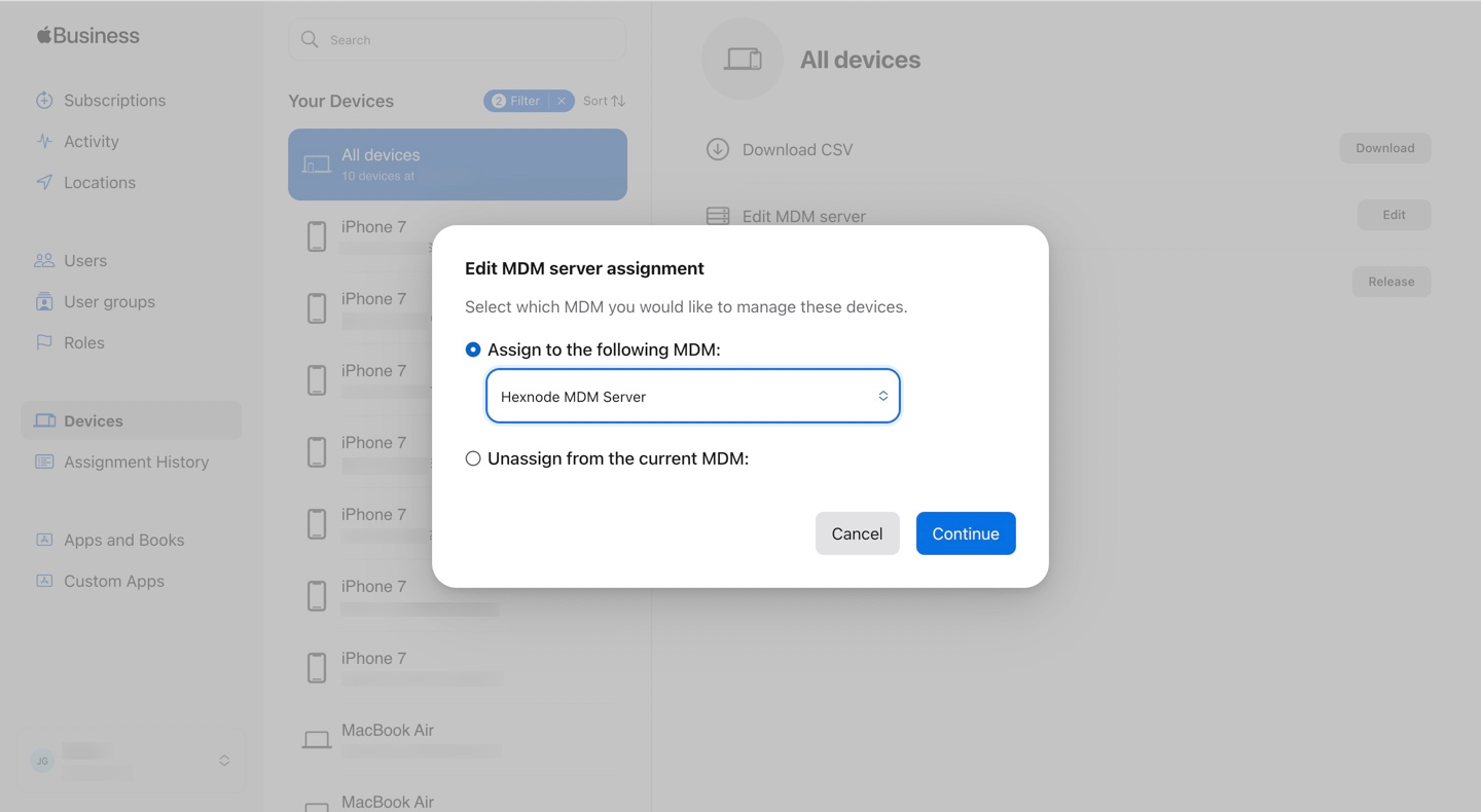 Assign selected devices to the MDM server.