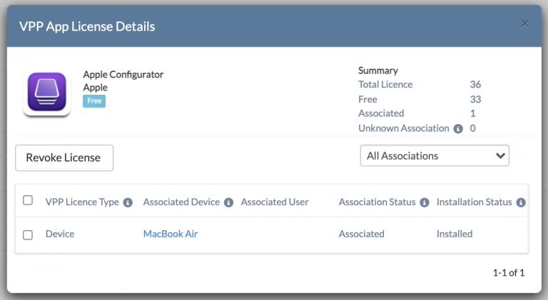 VPP App License Details dialogue box in the Hexnode portal