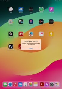 iOS device screen displaying a message: 'Uninstall not allowed,' indicating app removal restrictions are in place.