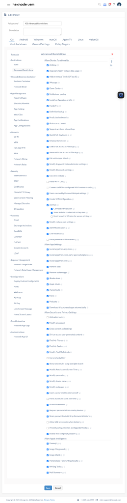 List of advanced restrictions for supervised iOS devices on Hexnode.