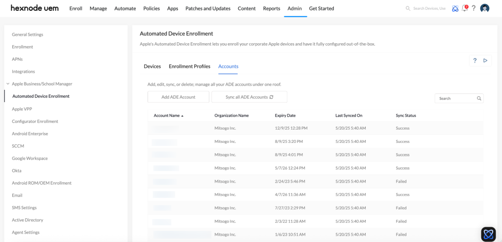 List of ADE Accounts