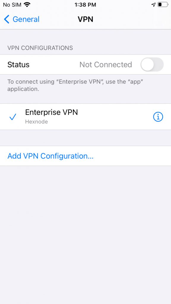 Saved VPN profile on the device settings