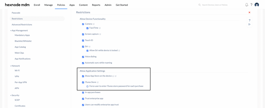 Application restrictions for iOS devices in the Hexnode portal