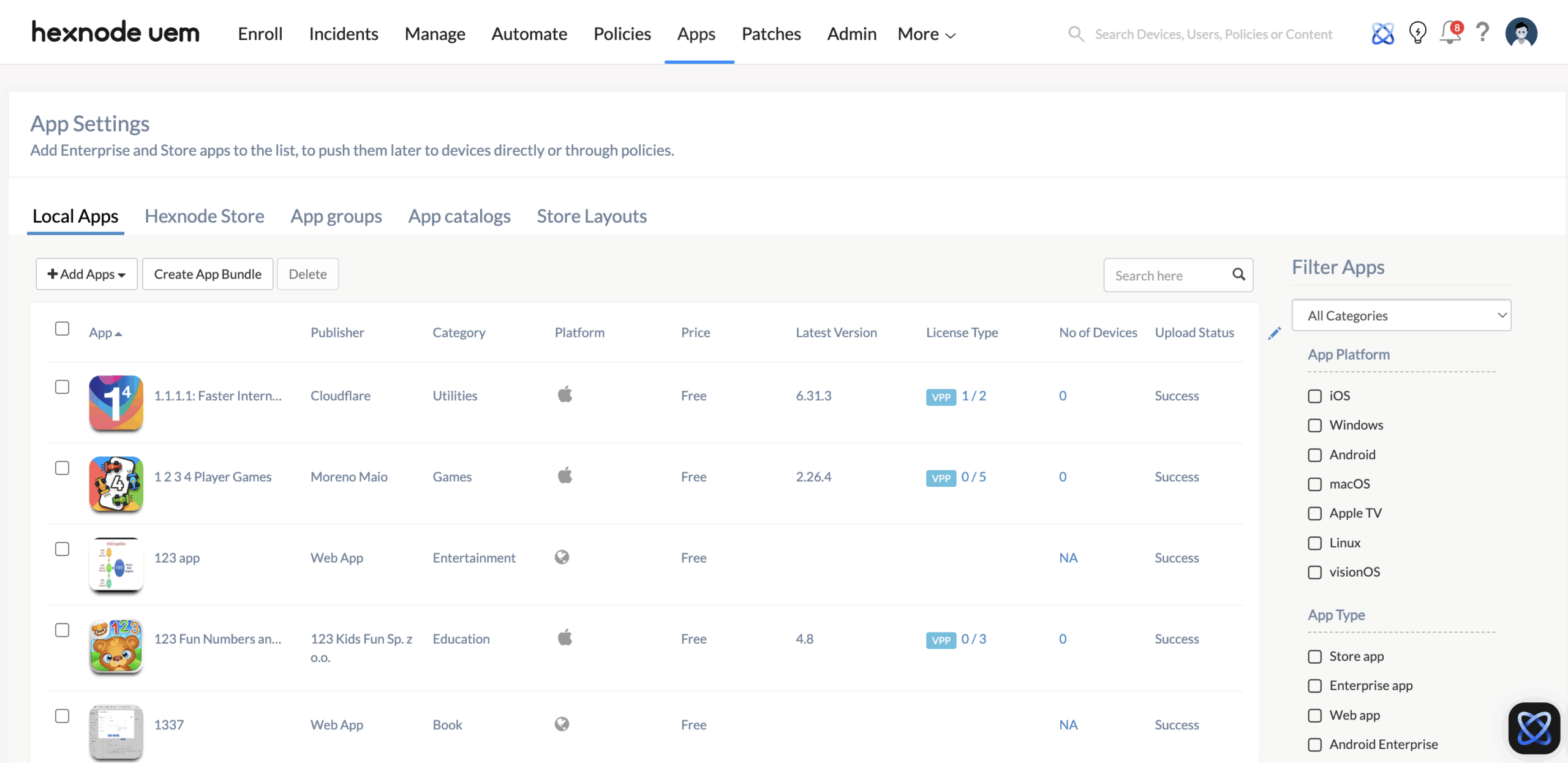 Screenshot of Hexnode UEM dashboard showing the Apps tab within the top navigation bar.