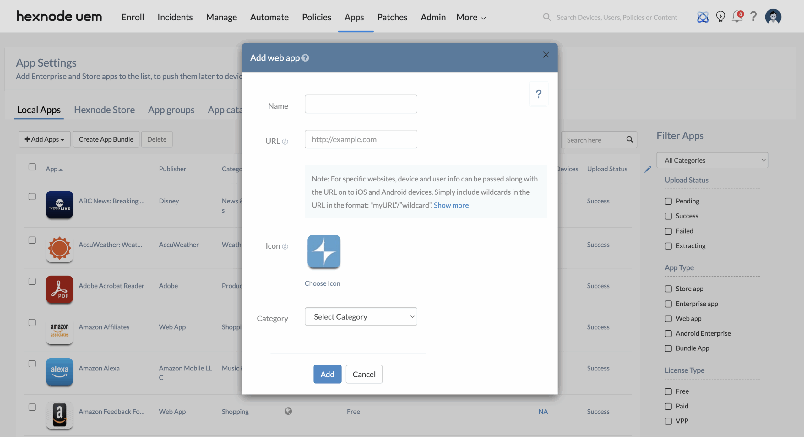 Screenshot of the Hexnode UEM 'Add Web App' configuration window for adding a Web Clip through Hexnode UEM.