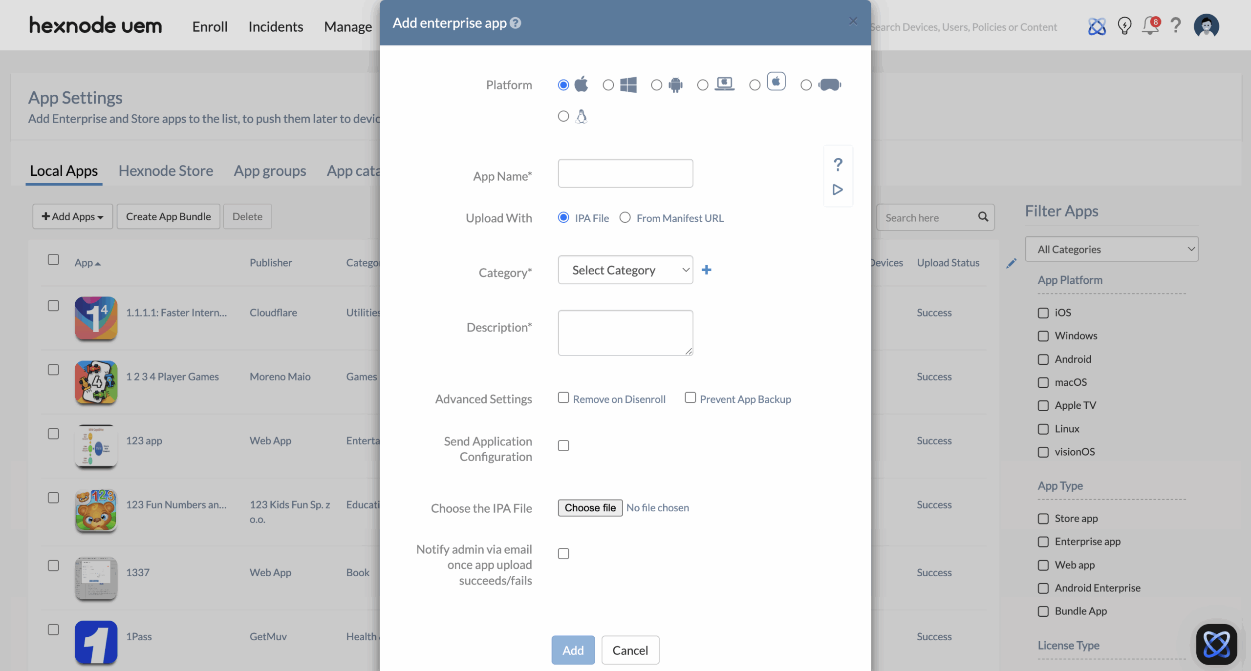 Screenshot of the Hexnode UEM 'Enterprise App' configuration window for adding and distributing an iOS enterprise app through Hexnode UEM