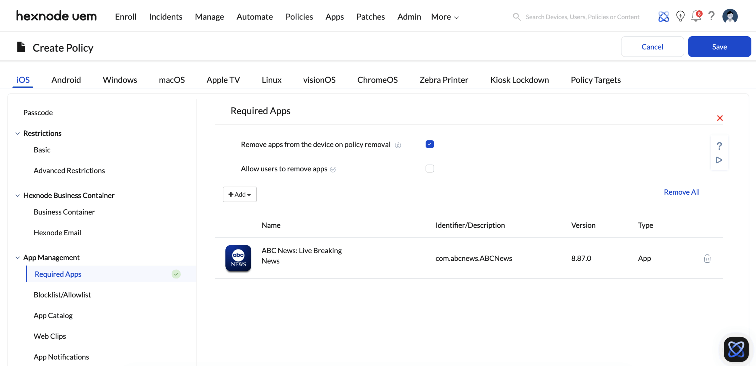 Screenshot of Hexnode UEM policies tab showing the Required Apps policy configuration page for iOS with the ‘Remove apps from the device on policy removal' and 'Allow users to remove apps' options