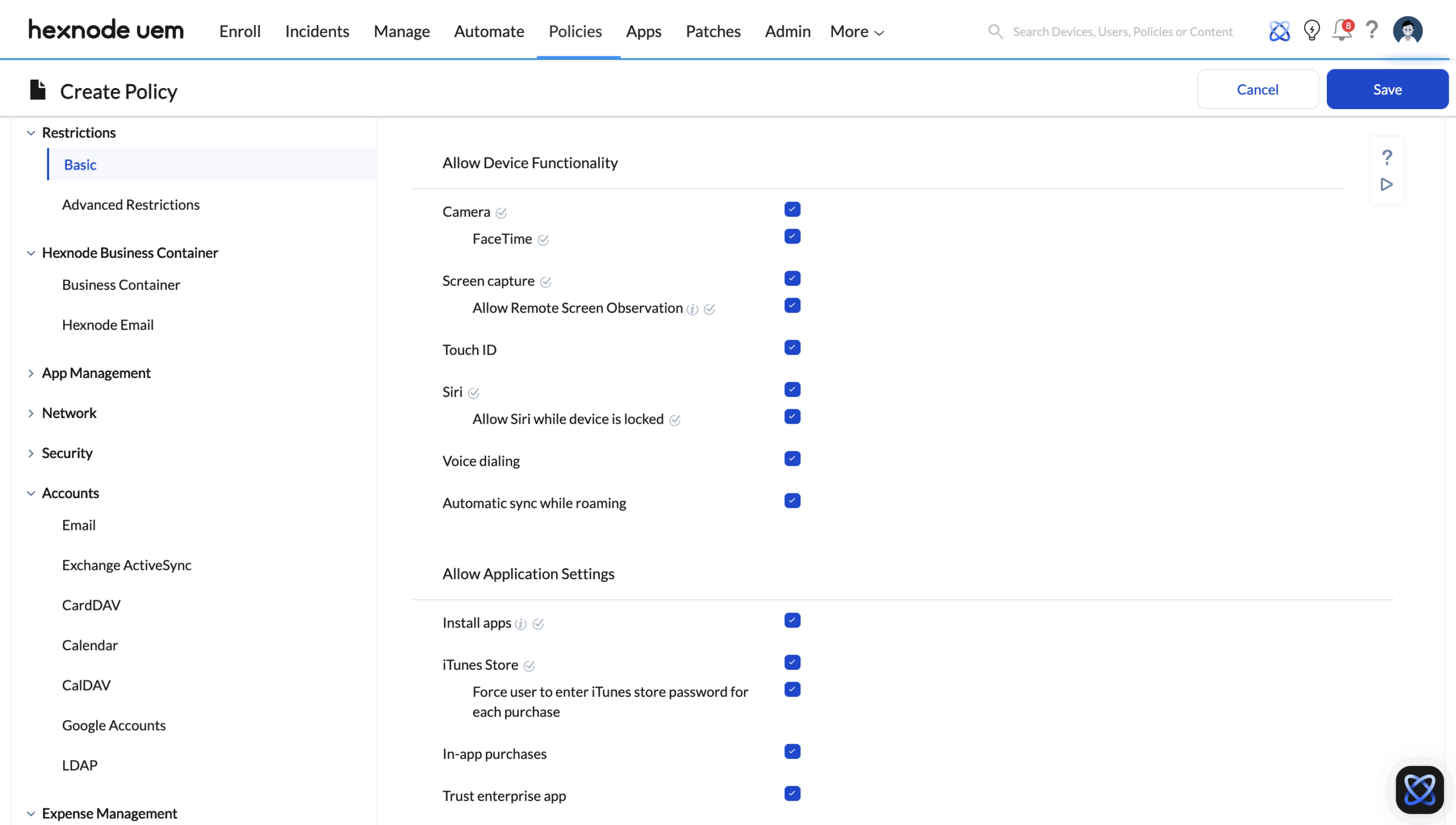 Screenshot of the Hexnode UEM Policy Edit interface for an existing iOS policy. The side navigation pane shows the iOS tab expanded, highlighting the Restrictions section.
