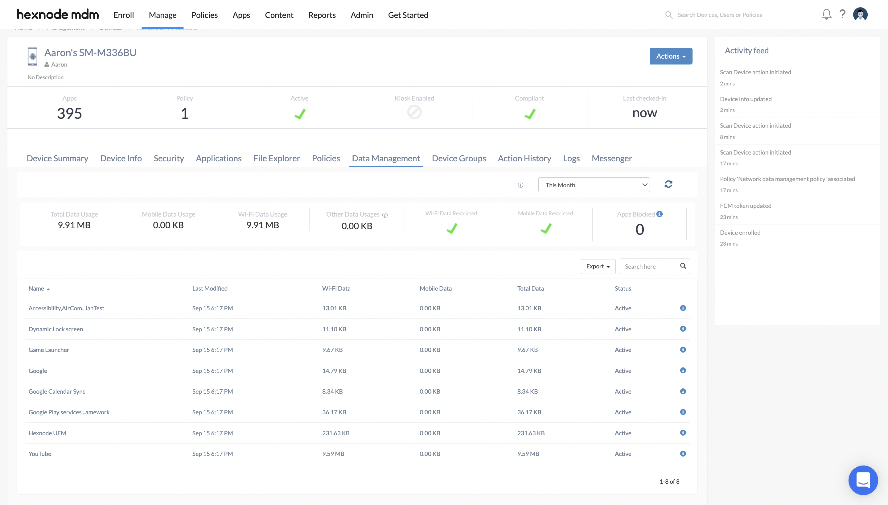 Data usage summary of an enrolled device in the Hexnode portal