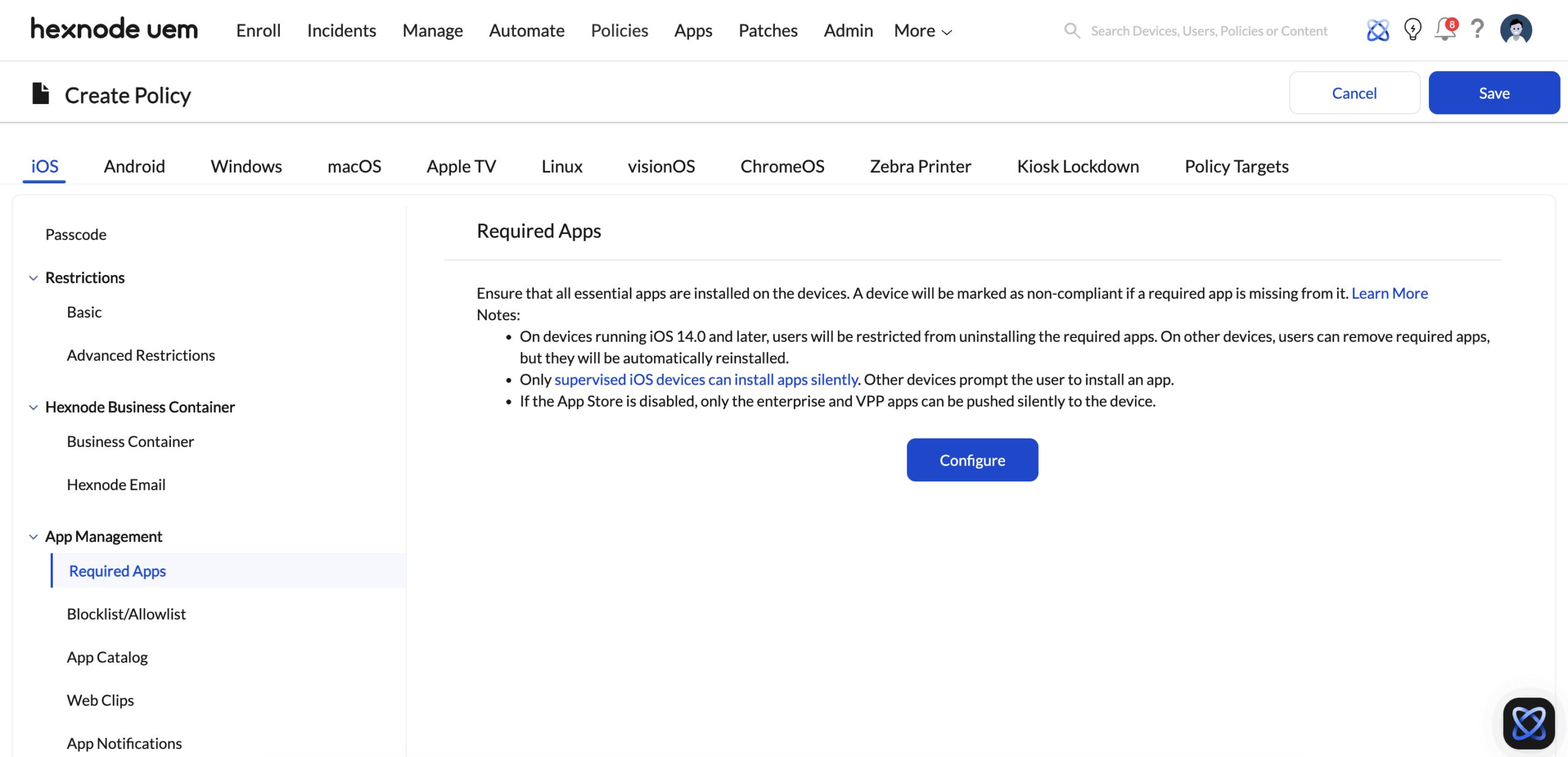 Screenshot of Hexnode UEM Policy tab showing the iOS App Management sub-section with the 'Required Apps' configuration for distributing iOS enterprise apps.