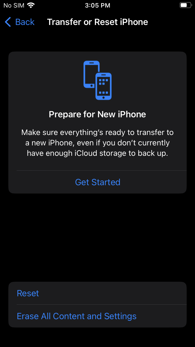 Option to erase all contents and settings on iPhone 