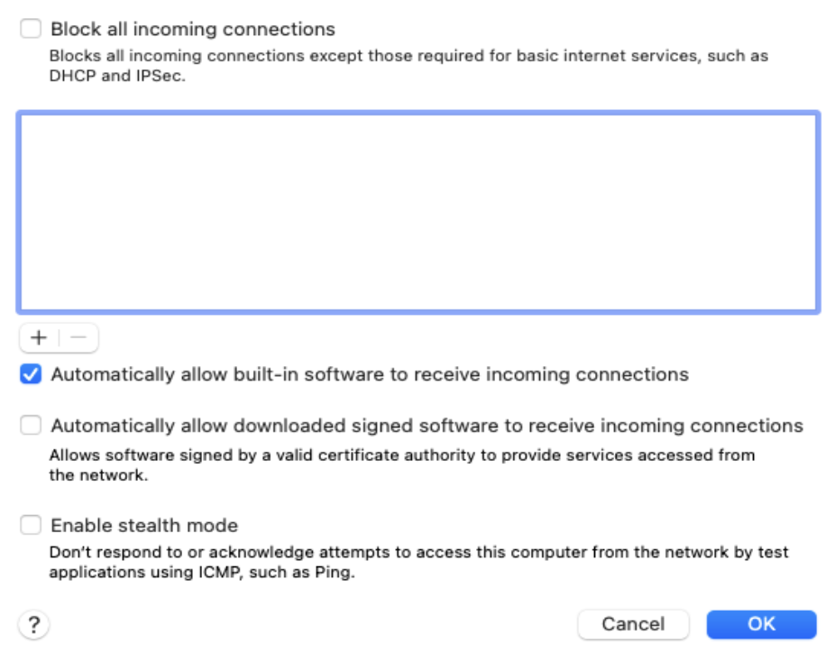 Firewall settings to receive incoming connections to built-in software on the device end Firewall settings to allow built-in software to receive incoming connections on the device end