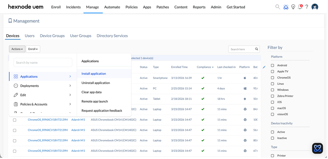 Screenshot of Hexnode UEM 'Manage' tab showing the 'Actions' dropdown, highlighting the 'Install Application' command.