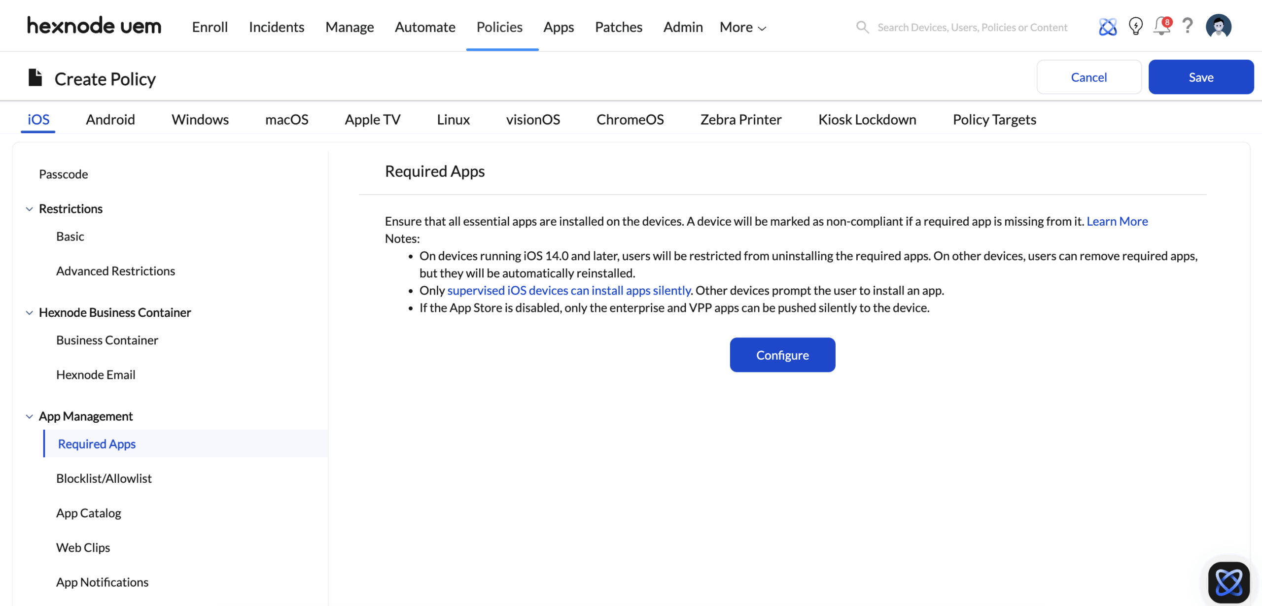 Screenshot of Hexnode UEM Policy tab showing the iOS App Management sub-section in the left sidebar where the 'Required Apps' configuration is located.