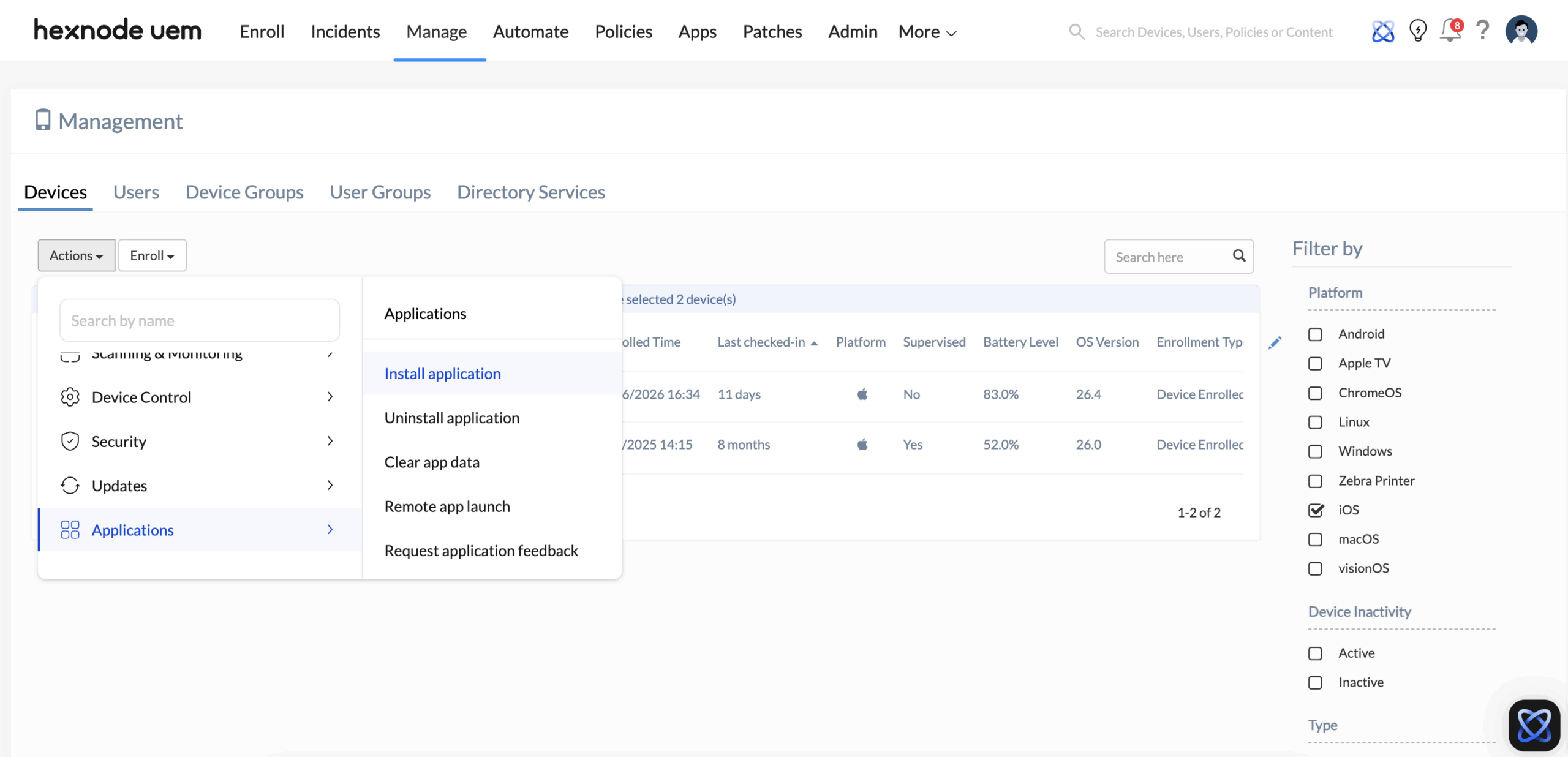 Screenshot of Hexnode UEM 'Manage' tab showing the 'Actions' menu with 'Install Application' selected for immediate silent deployment.