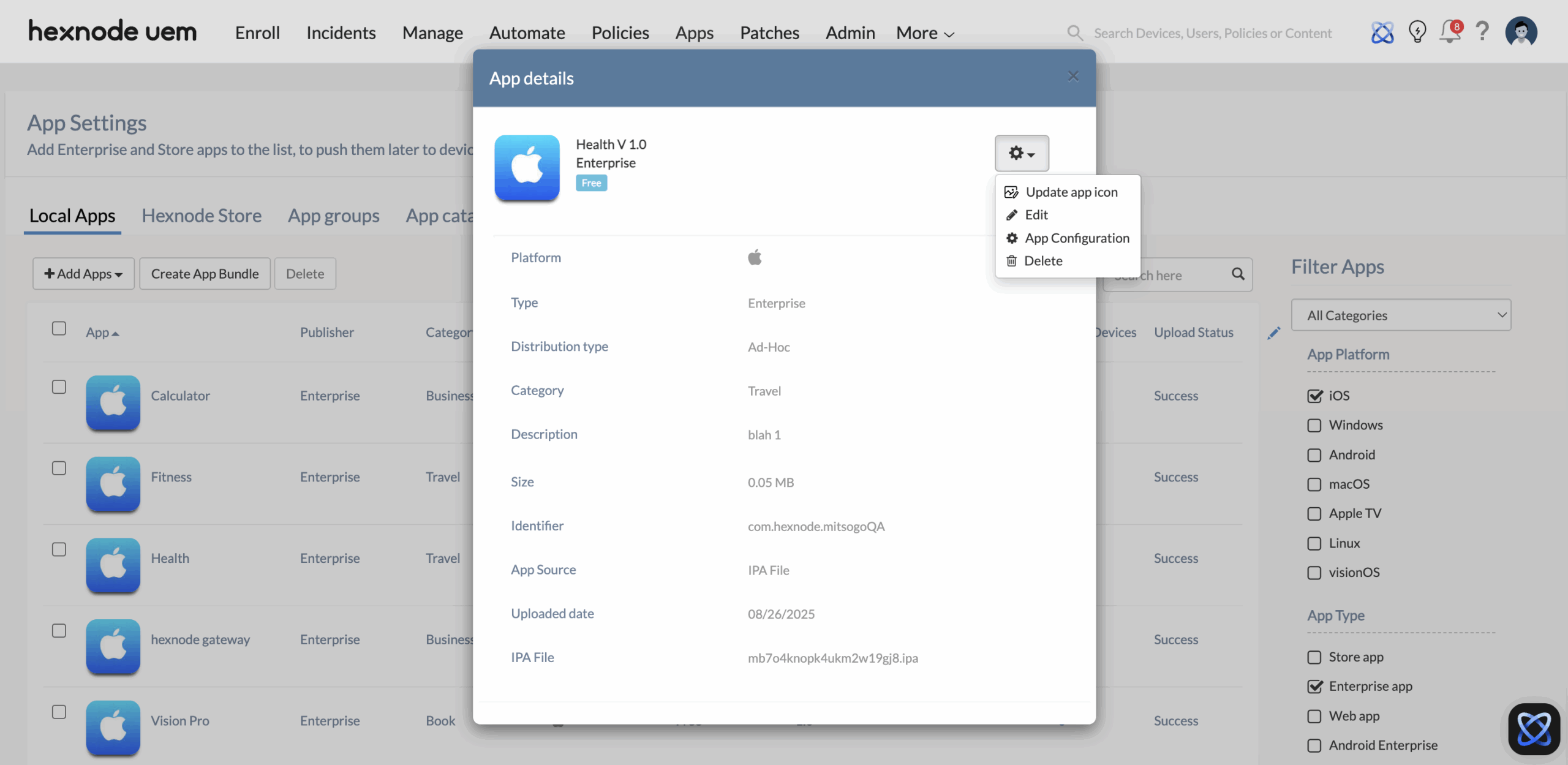 Screenshot of Hexnode UEM Apps tab displaying the 'App details' box for an enterprise app with the Settings gear icon located at the top right.