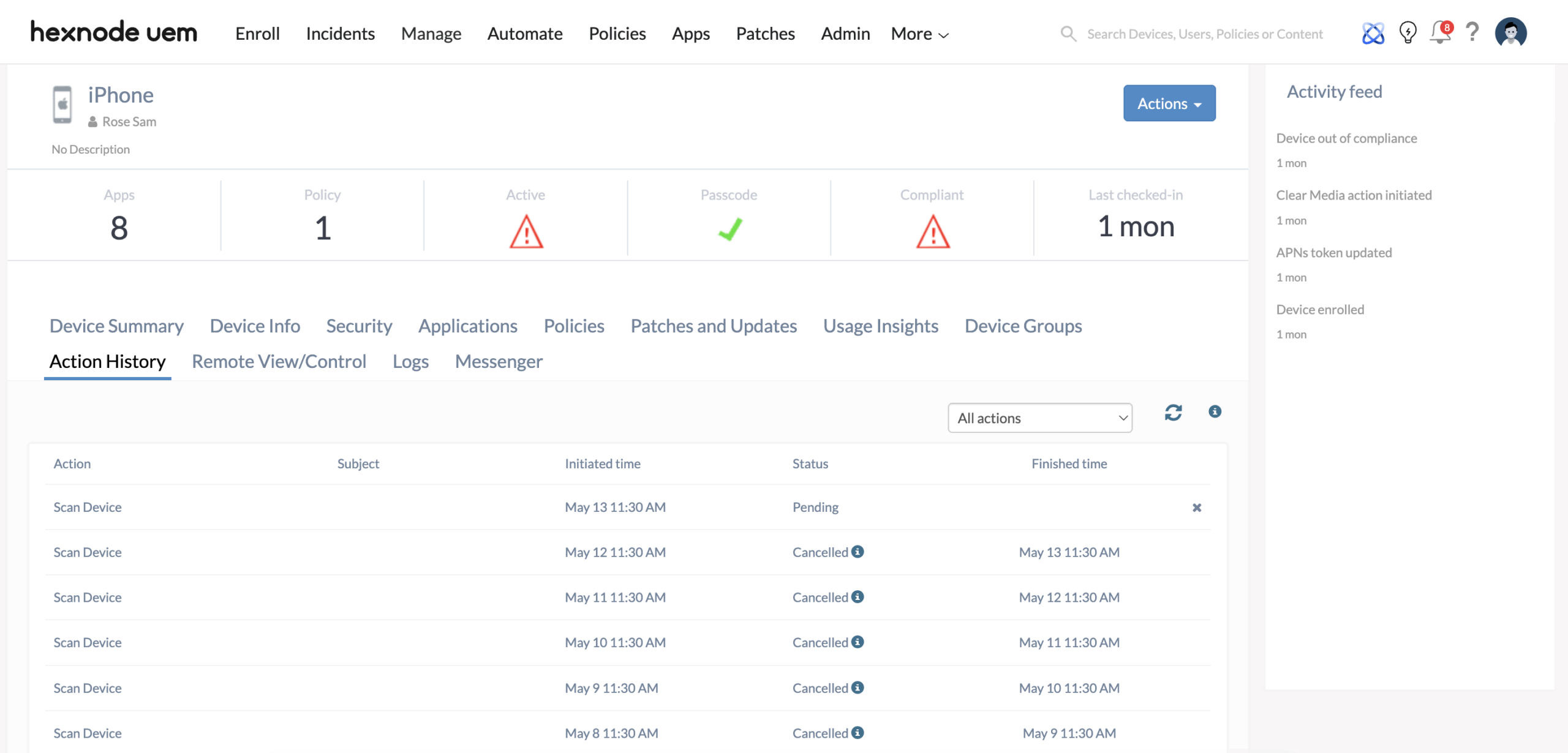 Screenshot of Hexnode UEM ‘manage’ tab showing the Action History tab for a managed iPhone logging consecutive device scan actions alongside their respective execution time tracking and state updates