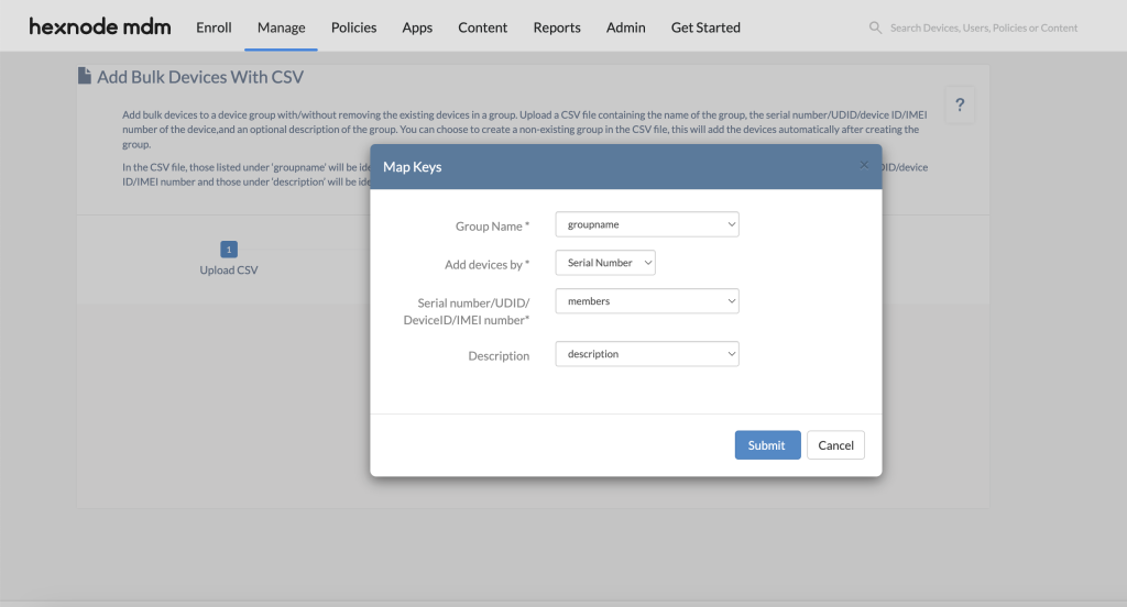 Mapping keys of imported CSV file attributes with the device group.