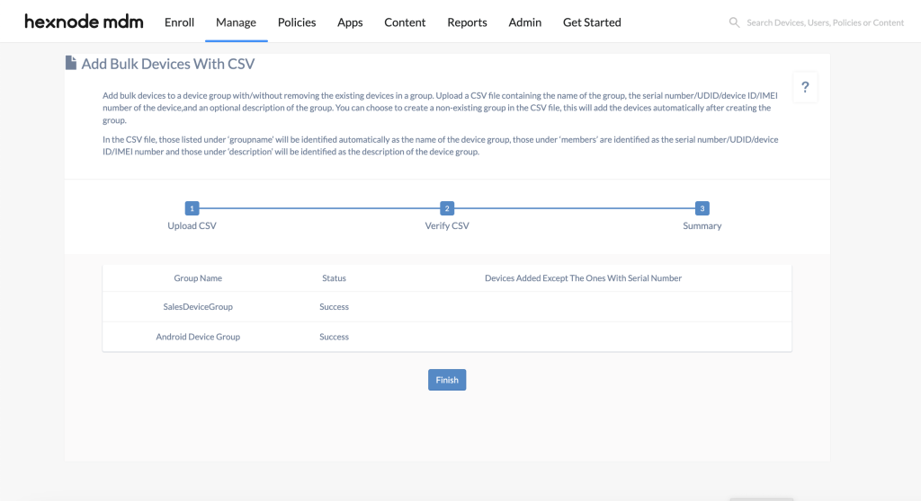 Added Bulk devices into device groups by uploading CSV file.