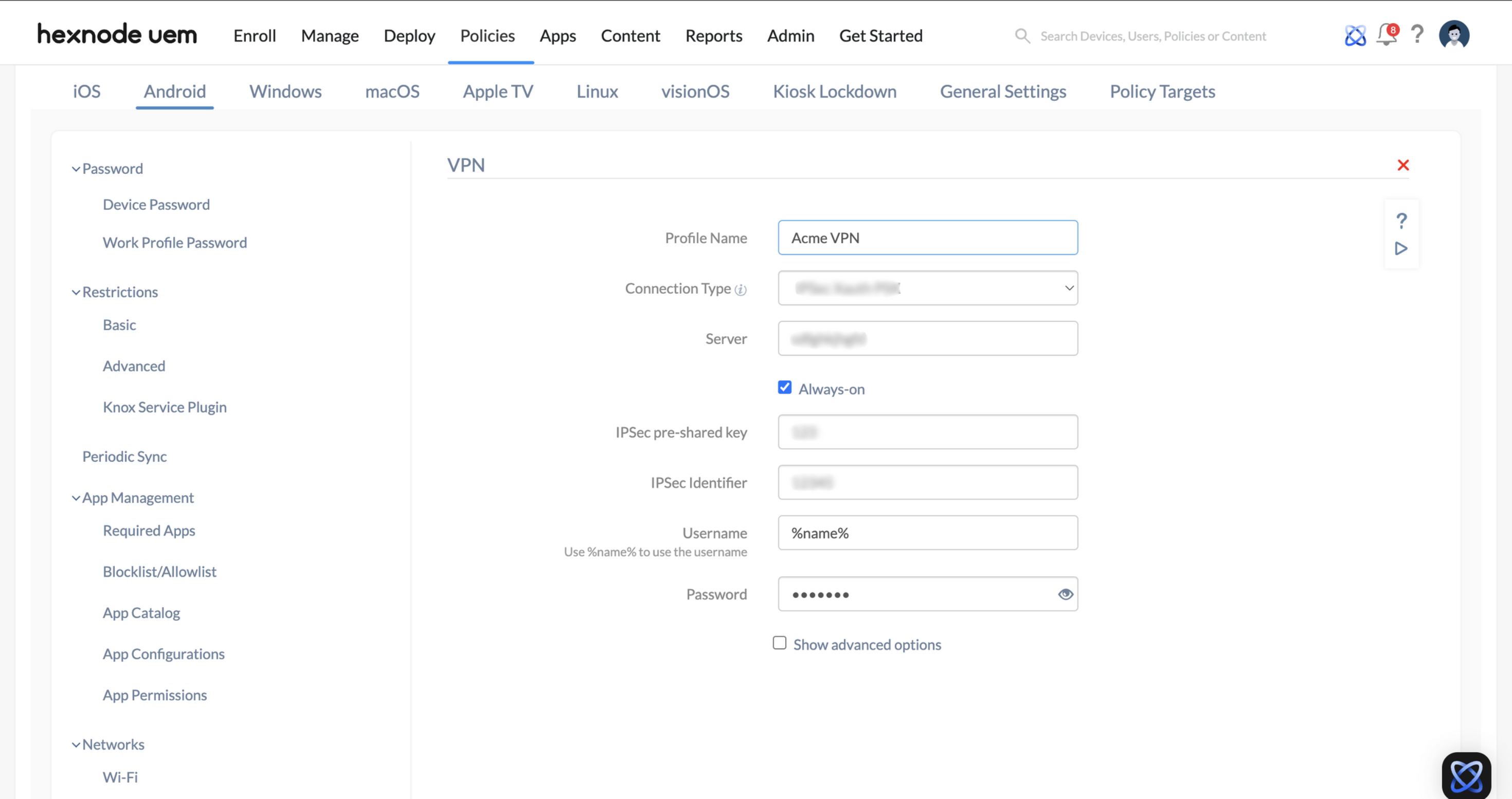 Configure VPN for Android devices using mdm