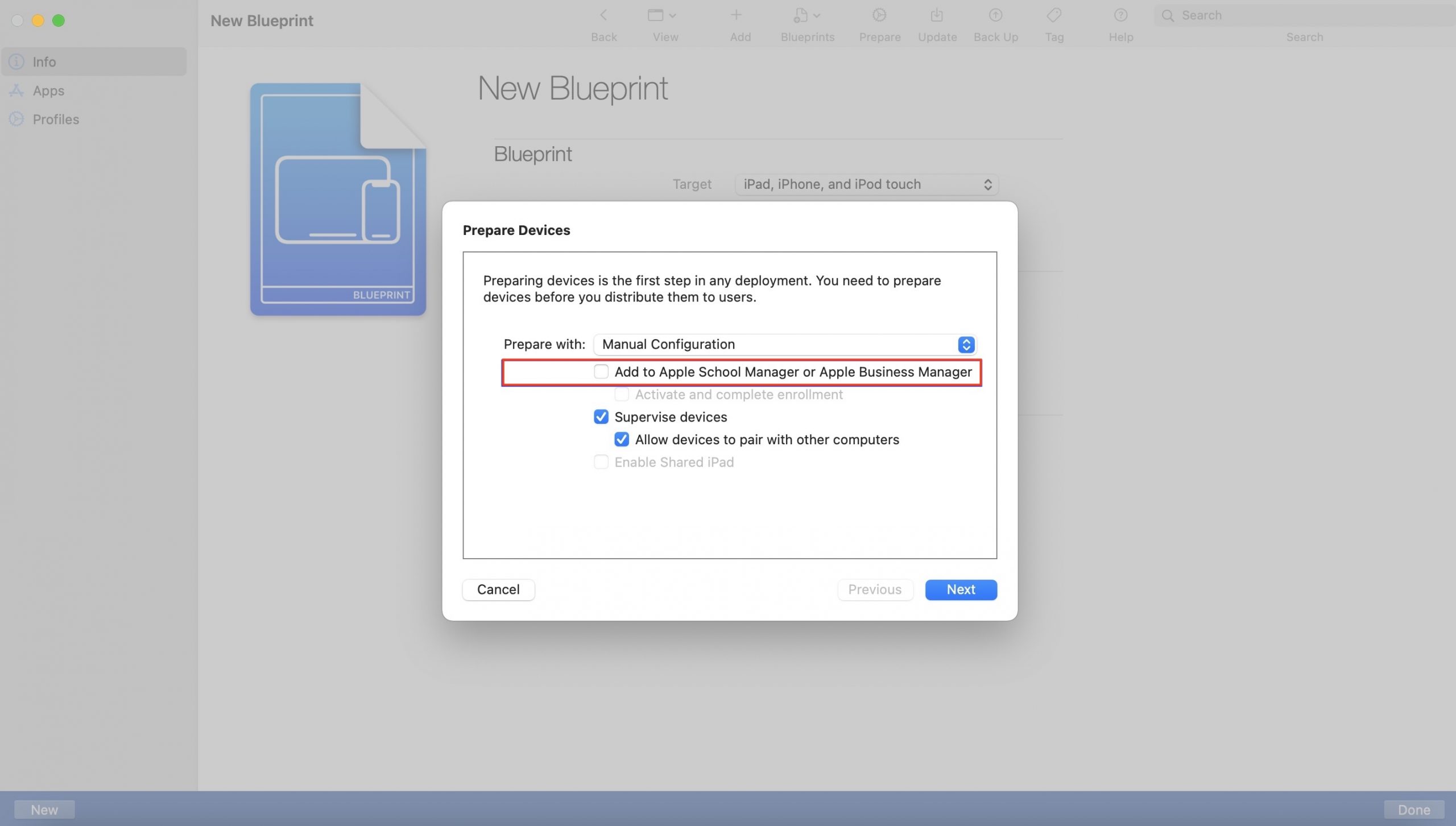Uncheck the option Add to Apple School Manager/Apple Business Manager while configuring the Blueprint