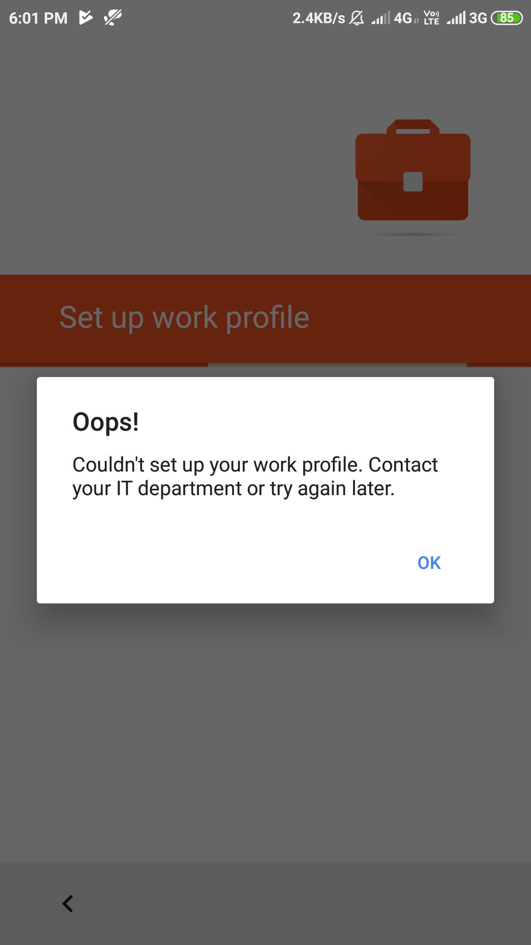 Error message while setting up work profile on the device.