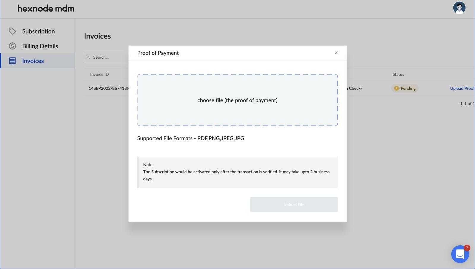 Uploading payment proof in the Hexnode portal.