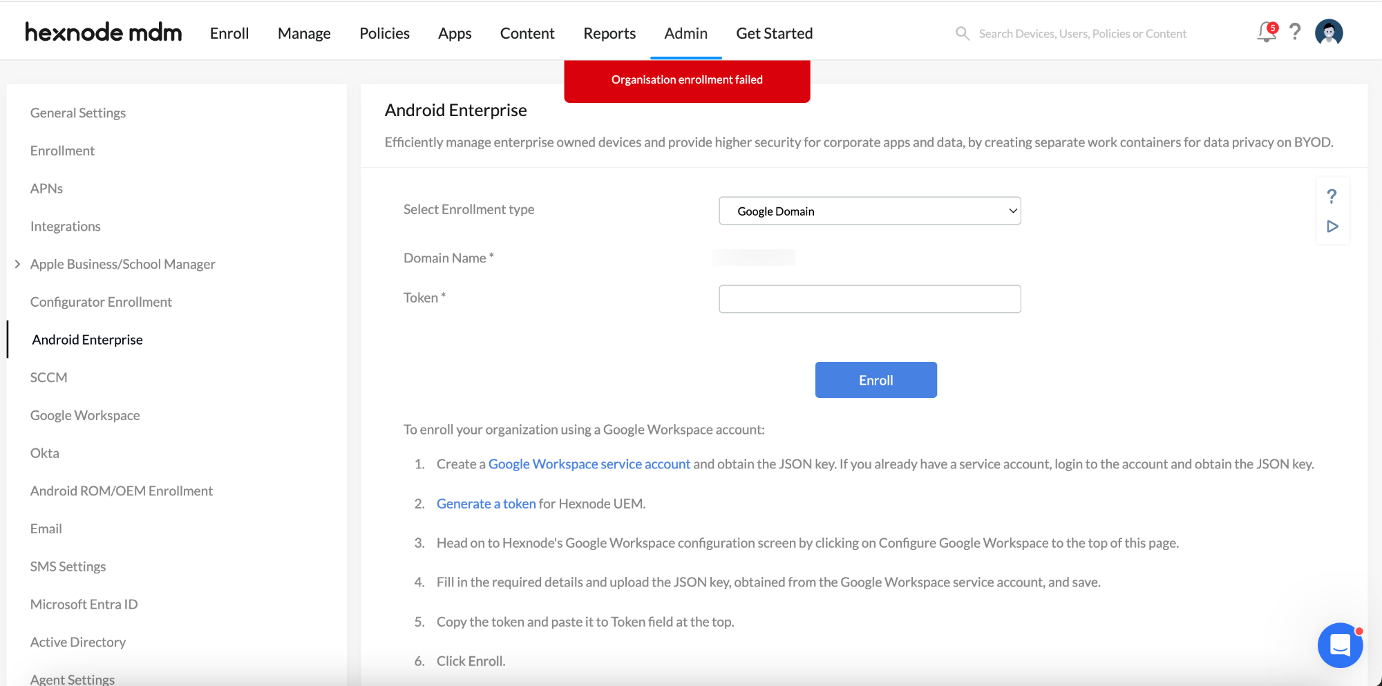 Organisation enrollment failed error while configuring Android Enterprise