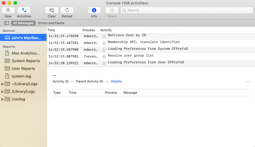 When the Activities button is ON, mac device logs are grouped by the activities they are associated with in Console app.