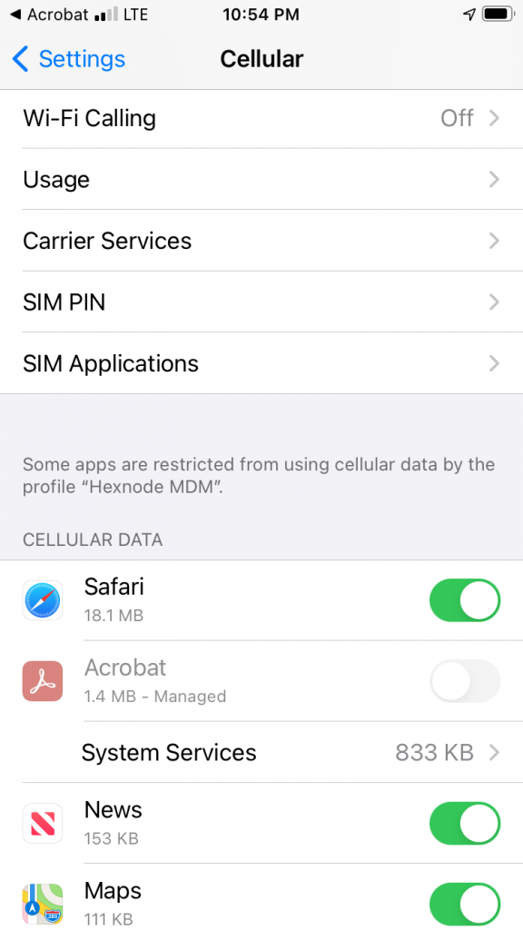 cellular data settings for apps are disabled as configured