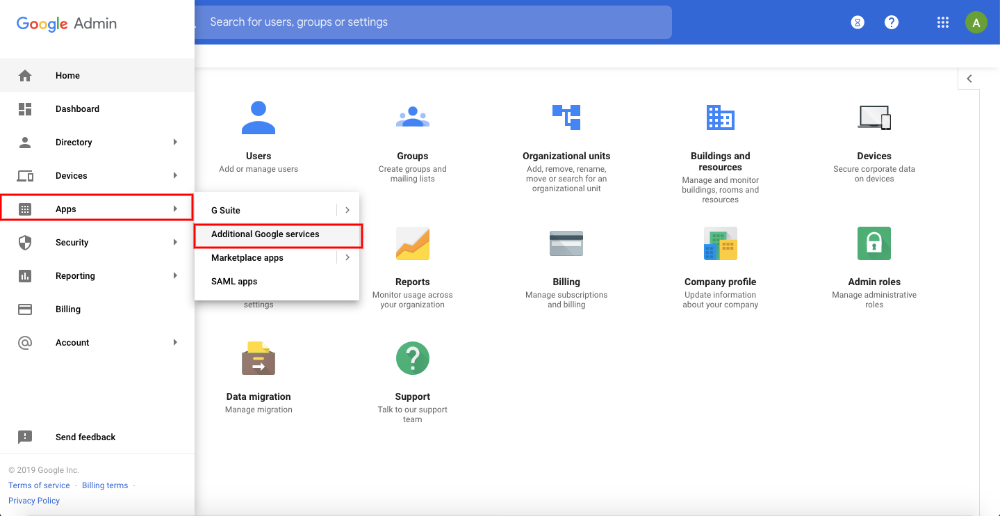 Additional Google Services settings in Google Admin Console 
