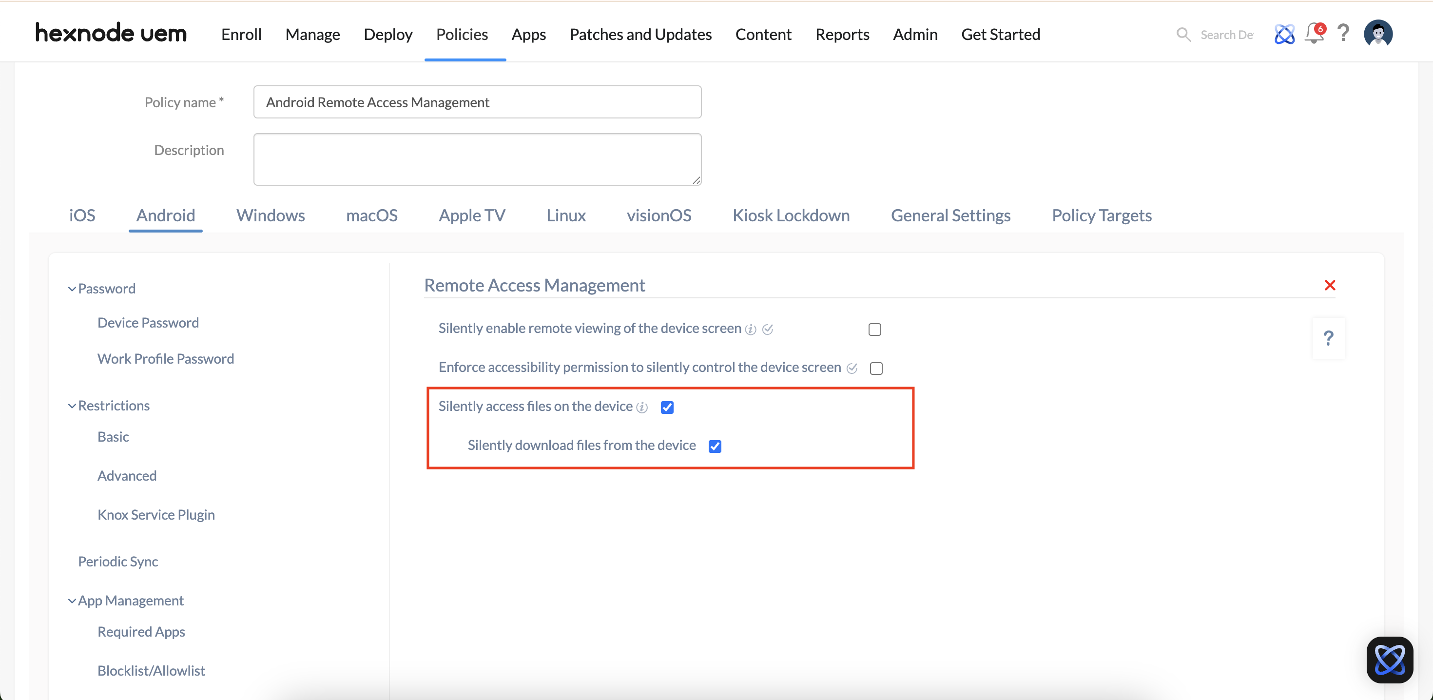 Configuring remote access management policy in Android via Hexnode UEM console.