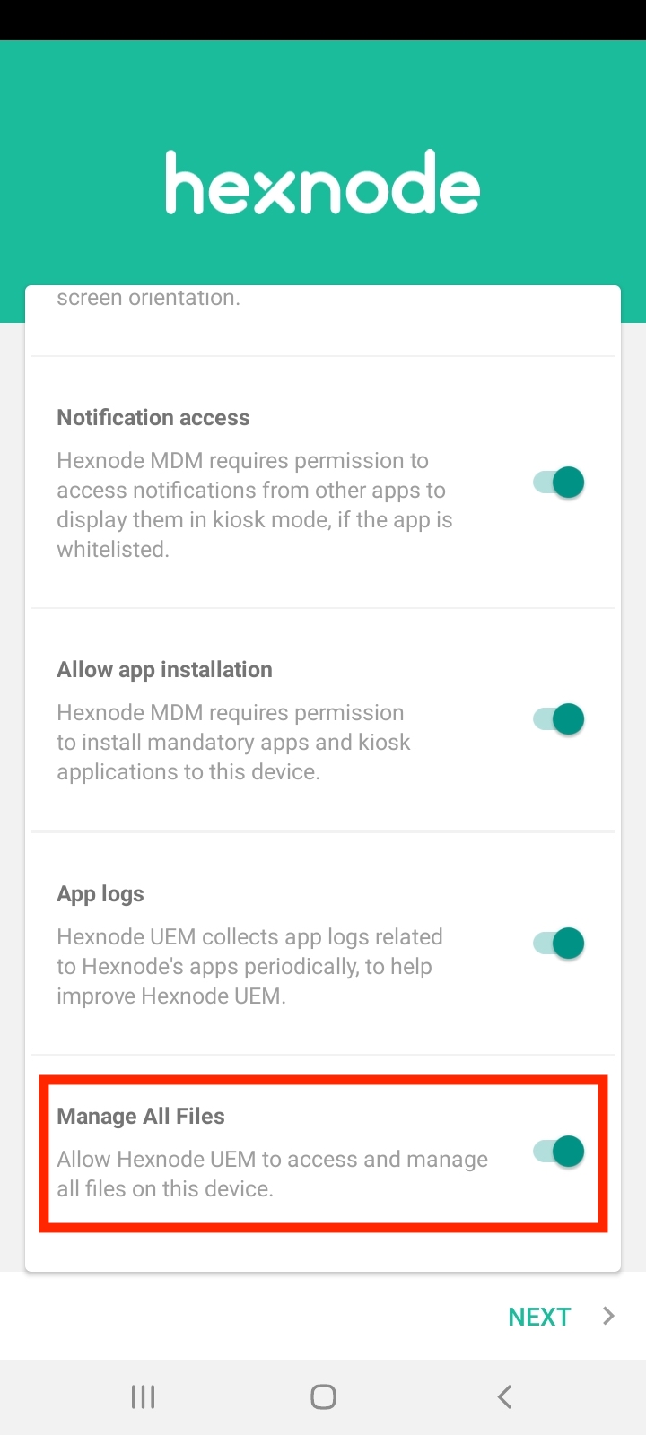 Manage All Files Mange All Files permission on Hexnode UEM app