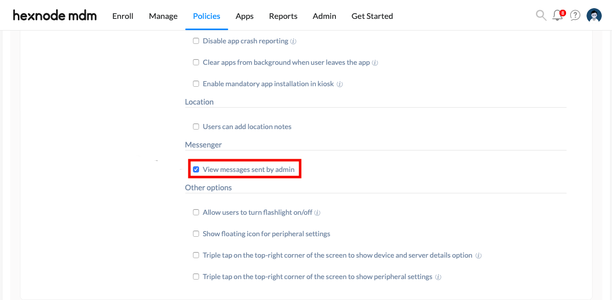 Peripheral settings of Hexnode Messenger